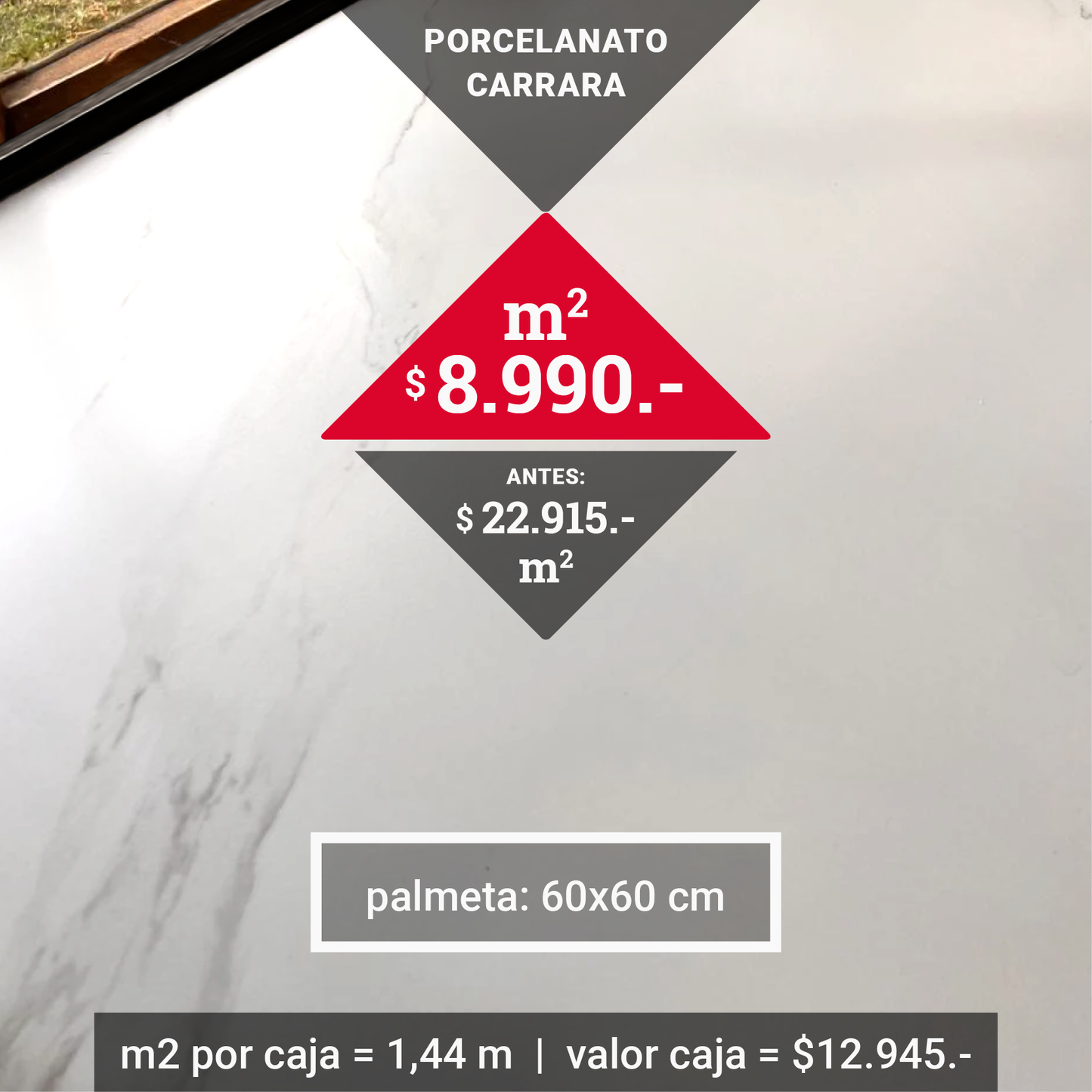 PORCELANATO 60x60 CARRARA $8.990 m2